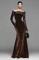 Load image into Gallery viewer, Burgundy Velvet Long Sleeves Mermaid Holiday Party Dress with Lace