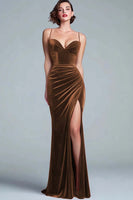 Load image into Gallery viewer, Burgundy Mermaid Velvet Maxi Holiday Party Dress with Slit