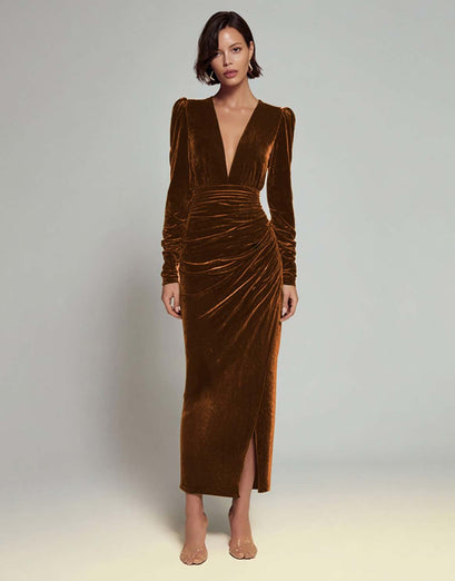 Olive Sheath Deep V-Neck Velvet Long Holiday Party Dress with Sleeves