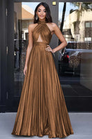 Load image into Gallery viewer, Metallic Gold Halter Keyhole A Line Long Prom Dress