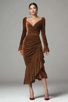 Load image into Gallery viewer, Burgundy Mermaid Ruched Velvet Holiday Party Dress with Ruffles