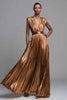 Load image into Gallery viewer, Sparkly Gold Metallic Deep V-Neck A-Line Pleated Long Formal Dress