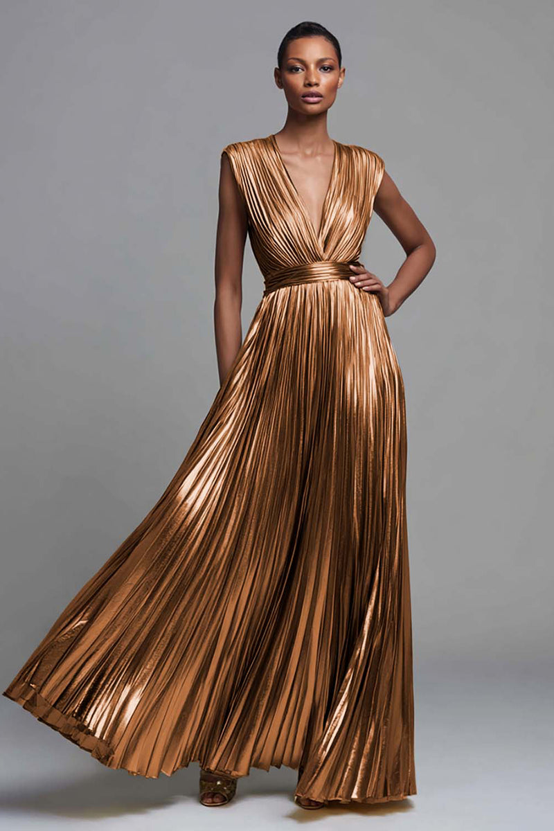 Load image into Gallery viewer, Sparkly Gold Metallic Deep V-Neck A-Line Pleated Long Formal Dress