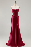 Load image into Gallery viewer, Dark Green Strapless Satin Mermaid Long Corset Prom Dress with Slit