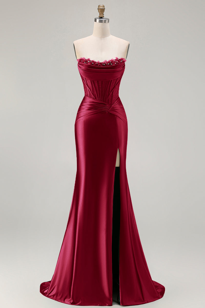 Load image into Gallery viewer, Dark Green Strapless Satin Mermaid Long Corset Prom Dress with Slit
