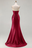 Load image into Gallery viewer, Dark Green Strapless Satin Mermaid Long Corset Prom Dress with Slit