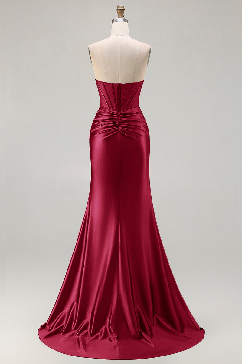 Load image into Gallery viewer, Dark Green Strapless Satin Mermaid Long Corset Prom Dress with Slit