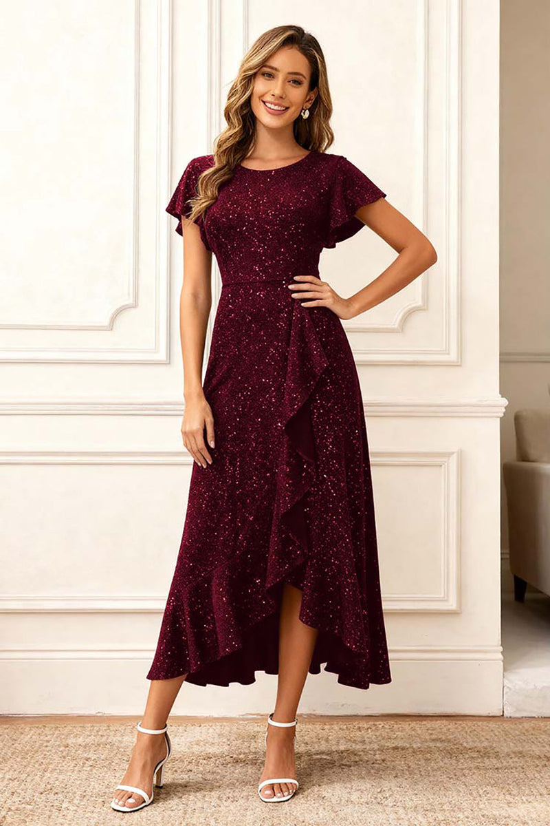 Load image into Gallery viewer, Glitter Black Round Neck Midi Holiday Party Dress with Sleeves