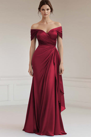 Grey Blue Off the Shoulder Sheath Satin Maxi Formal Dress