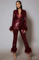 Load image into Gallery viewer, 2 Piece Sparkly Sequins Black Women Prom Suits with Feathers