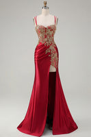 Load image into Gallery viewer, Sparkly Black Satin Floral Appliqued Long Corset Prom Dress with Slit