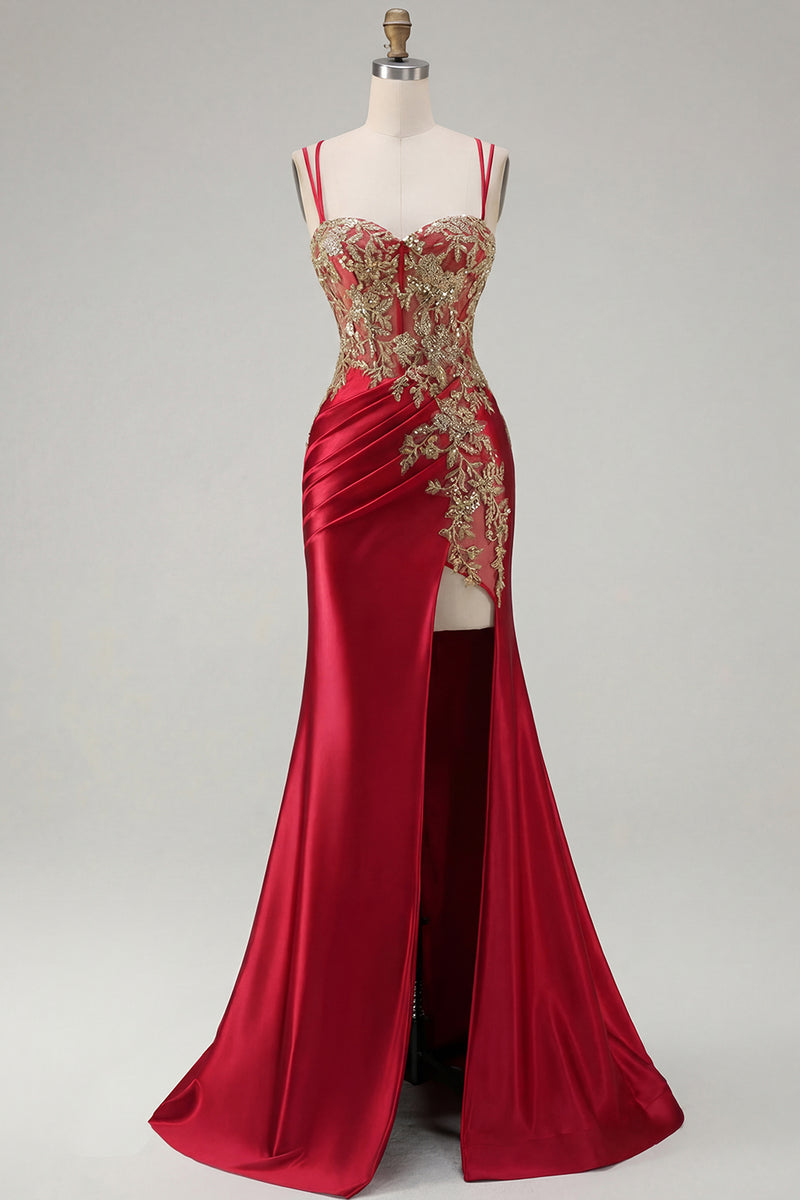 Load image into Gallery viewer, Sparkly Black Satin Floral Appliqued Long Corset Prom Dress with Slit