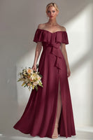 Load image into Gallery viewer, Off the Shoulder Ruffled A Line Burgundy Long Beach Wedding Guest Dress with Slit