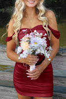 Load image into Gallery viewer, Red Bodycon Off the Shoulder Ruched Short Prom Dress