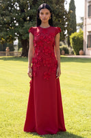 Load image into Gallery viewer, Black Floral A Line Round Neck Long Formal Dress with Sleeves