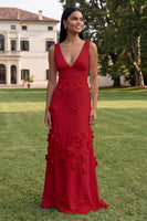 Load image into Gallery viewer, Sheath Hot Pink Floral V-Neck Long Formal Dress