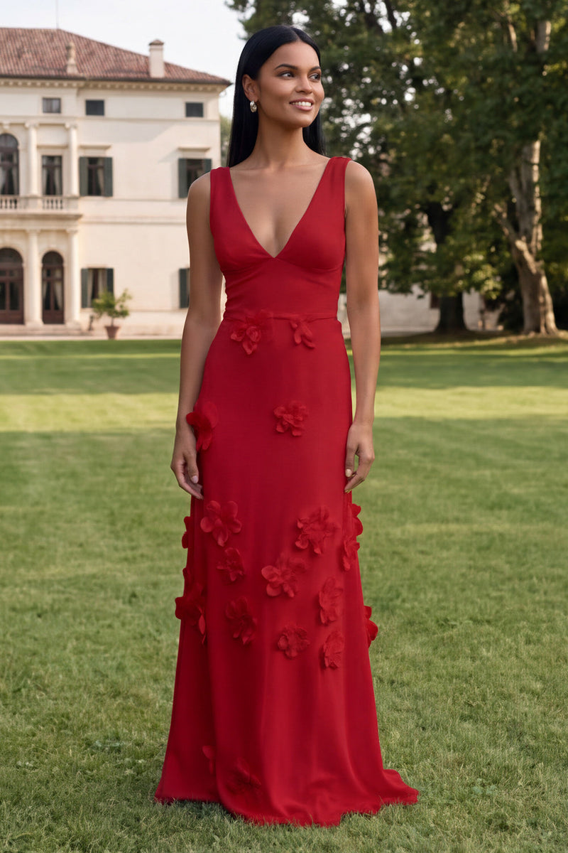 Load image into Gallery viewer, Sheath Hot Pink Floral V-Neck Long Formal Dress