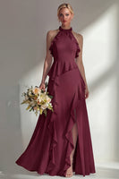 Load image into Gallery viewer, A Line High Neck Butter Yellow Ruffled Long Beach Wedding Guest Dress with Slit