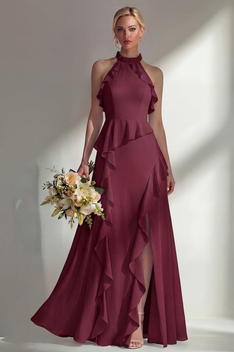Load image into Gallery viewer, A Line High Neck Butter Yellow Ruffled Long Beach Wedding Guest Dress with Slit