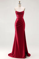 Load image into Gallery viewer, Sparkly Red Mermaid Satin Beaded Long Corset Prom Dress with Slit