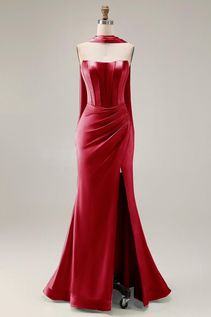 Load image into Gallery viewer, Mermaid Light Green Corset Neck Scarf Long Prom Dress with Slit