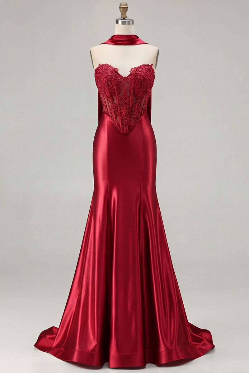 Load image into Gallery viewer, Blue Satin Sweetheart Mermaid Long Corset Prom Dress