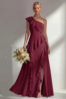 Load image into Gallery viewer, Mint One shoulder Ruffled A Line Long Beach Wedding Guest Dress with Slit
