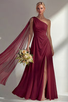 Load image into Gallery viewer, Burgundy One Shoulder Ruched A Line Long Beach Wedding Guest Dress with Side Cape