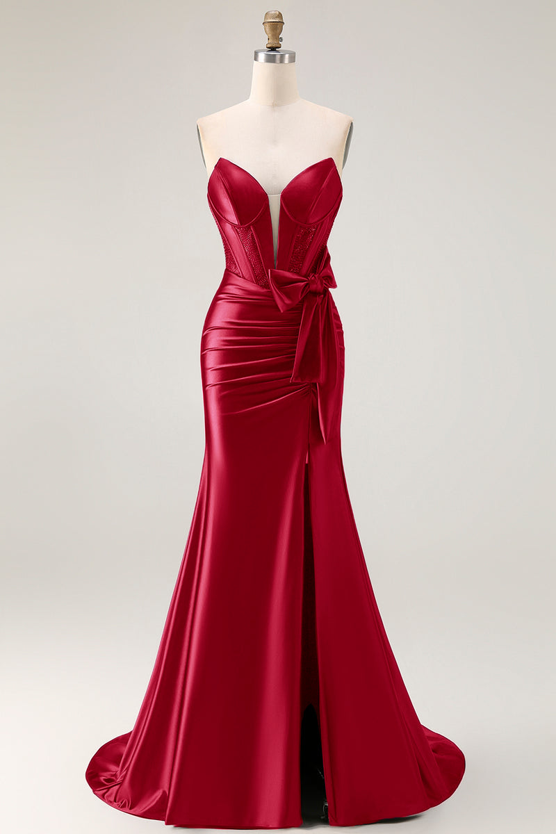 Load image into Gallery viewer, Navy Mermaid Strapless Corset Maxi Prom Dress with Slit