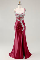 Load image into Gallery viewer, Sparkly Grey Pink Mermaid Satin Long Corset Prom Dress with Slit