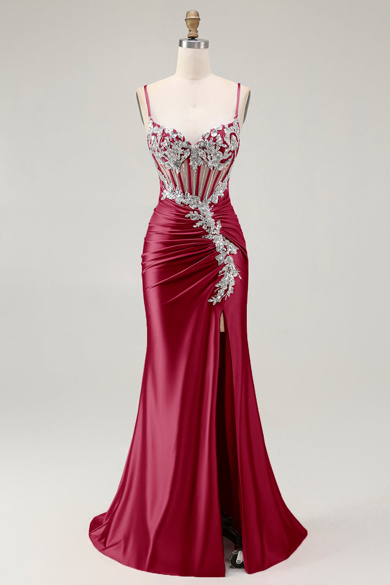 Load image into Gallery viewer, Sparkly Grey Pink Mermaid Satin Long Corset Prom Dress with Slit