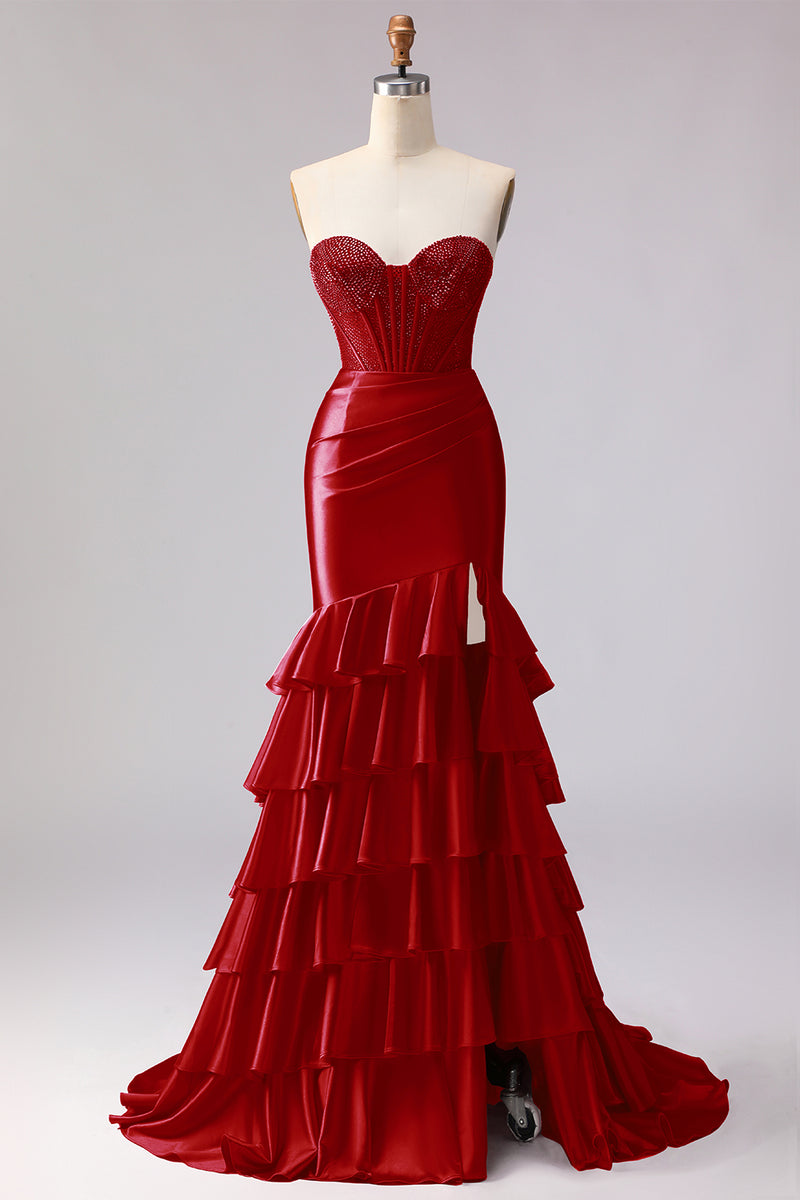Load image into Gallery viewer, Red Satin Ruffled Mermaid Long Corset Prom Dress with Slit