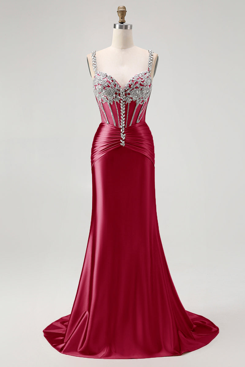 Load image into Gallery viewer, Sparkly Blush Mermaid Spaghetti Straps Satin Long Corset Prom Dress with Beading