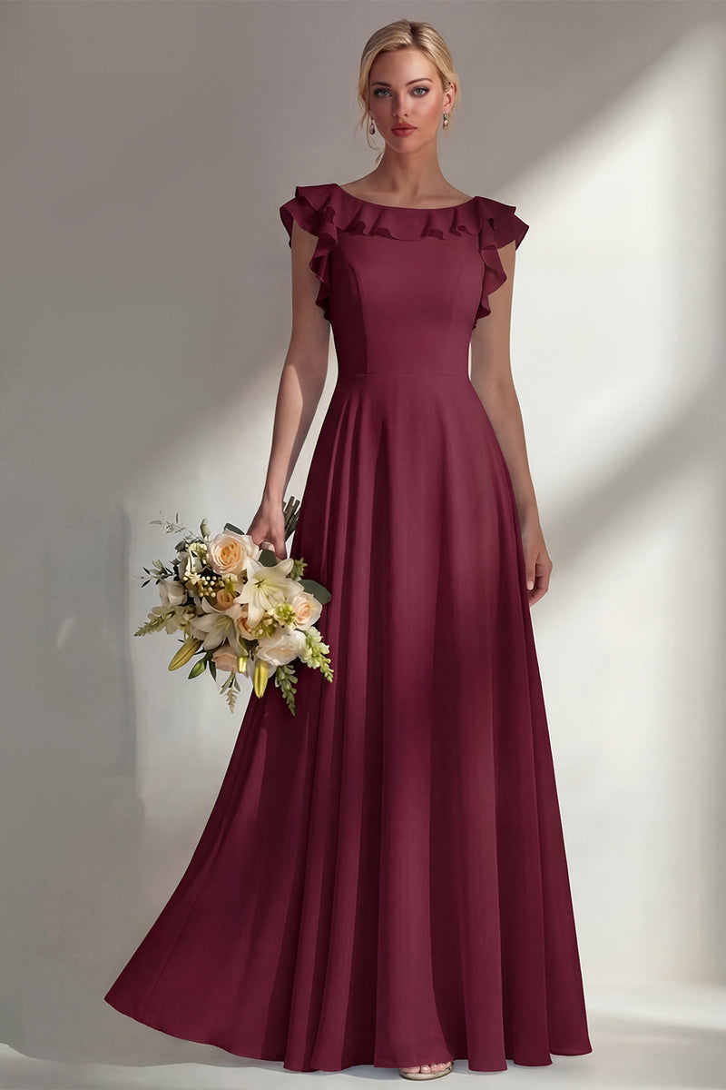 Load image into Gallery viewer, Emerald Boat Neck A Line Long Beach Wedding Guest Dress with Ruffles