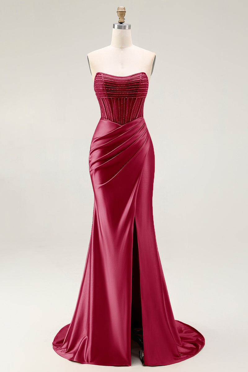 Load image into Gallery viewer, Sparkly Blush Strapless Mermaid Ruched Long Prom Dress with Slit