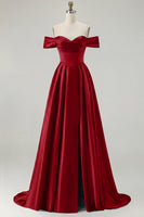 Load image into Gallery viewer, Blue A Line Off the Shoulder Satin Long Prom Dress with Slit