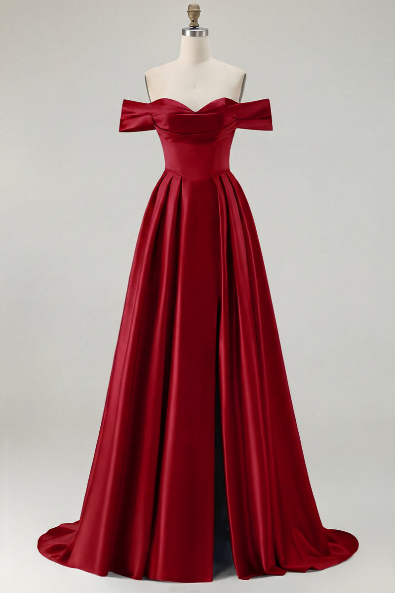 Load image into Gallery viewer, Blue A Line Off the Shoulder Satin Long Prom Dress with Slit