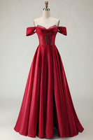 Load image into Gallery viewer, Sparkly Purple A Line Beaded Satin Long Corset Prom Dress with Slit