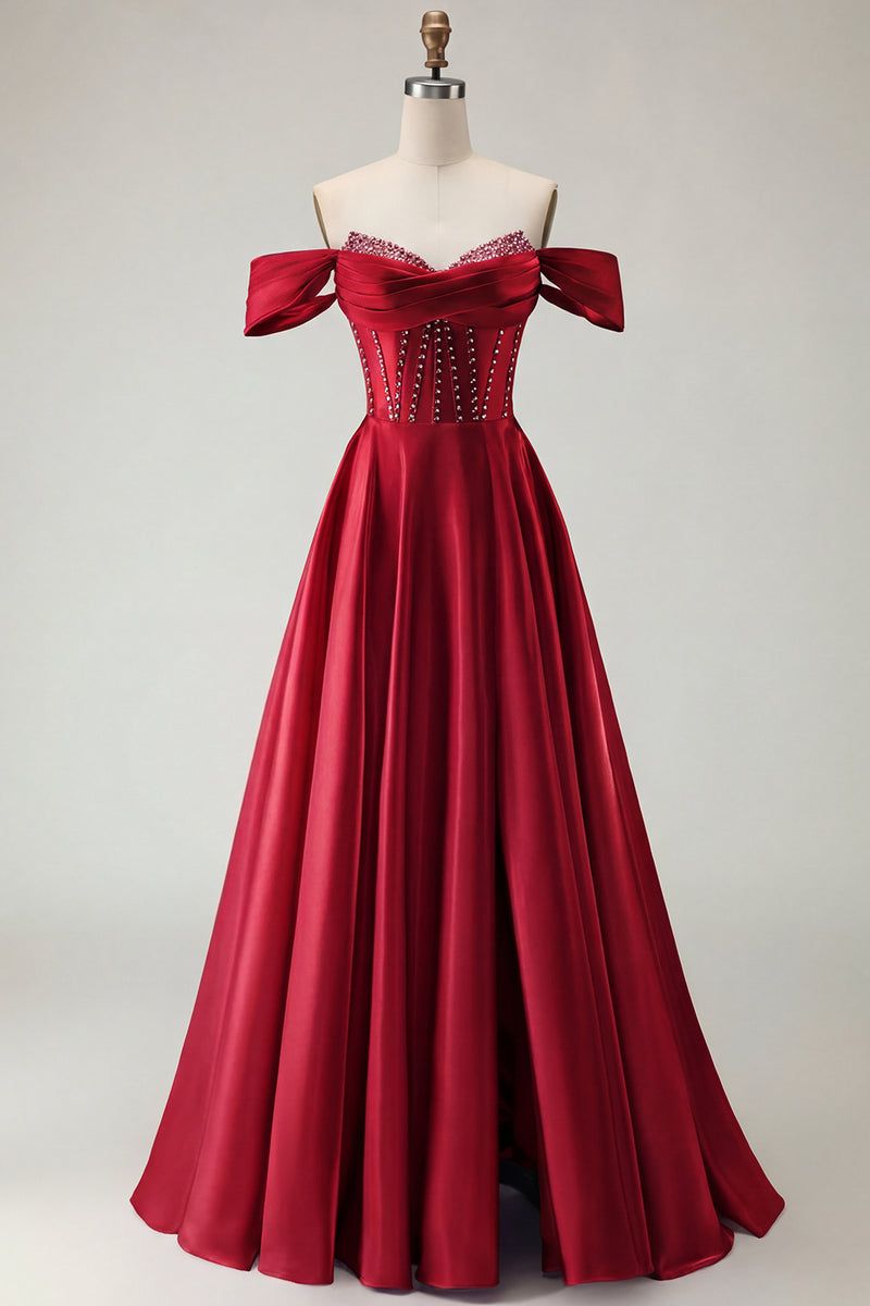 Load image into Gallery viewer, Sparkly Purple A Line Beaded Satin Long Corset Prom Dress with Slit