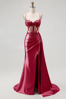 Load image into Gallery viewer, Sparkly Champagne Mermaid Satin Spaghetti Straps Long Prom Dress with Beading