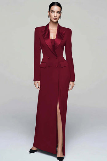 Black Peak Lapel Double Breasted Pencil Long Blazer Dress with Sleeves