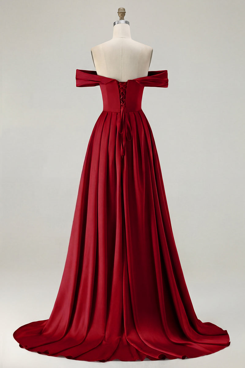 Load image into Gallery viewer, Blue A Line Off the Shoulder Satin Long Prom Dress with Slit