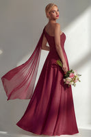 Load image into Gallery viewer, Burgundy One Shoulder Ruched A Line Long Beach Wedding Guest Dress with Side Cape