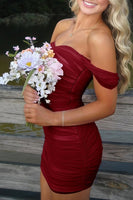 Load image into Gallery viewer, Red Bodycon Off the Shoulder Ruched Short Prom Dress