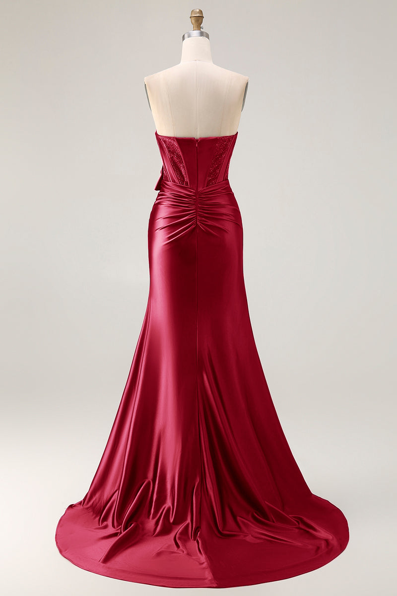 Load image into Gallery viewer, Navy Mermaid Strapless Corset Maxi Prom Dress with Slit