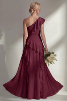 Load image into Gallery viewer, Mint One shoulder Ruffled A Line Long Beach Wedding Guest Dress with Slit