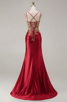 Load image into Gallery viewer, Sparkly Black Satin Floral Appliqued Long Corset Prom Dress with Slit