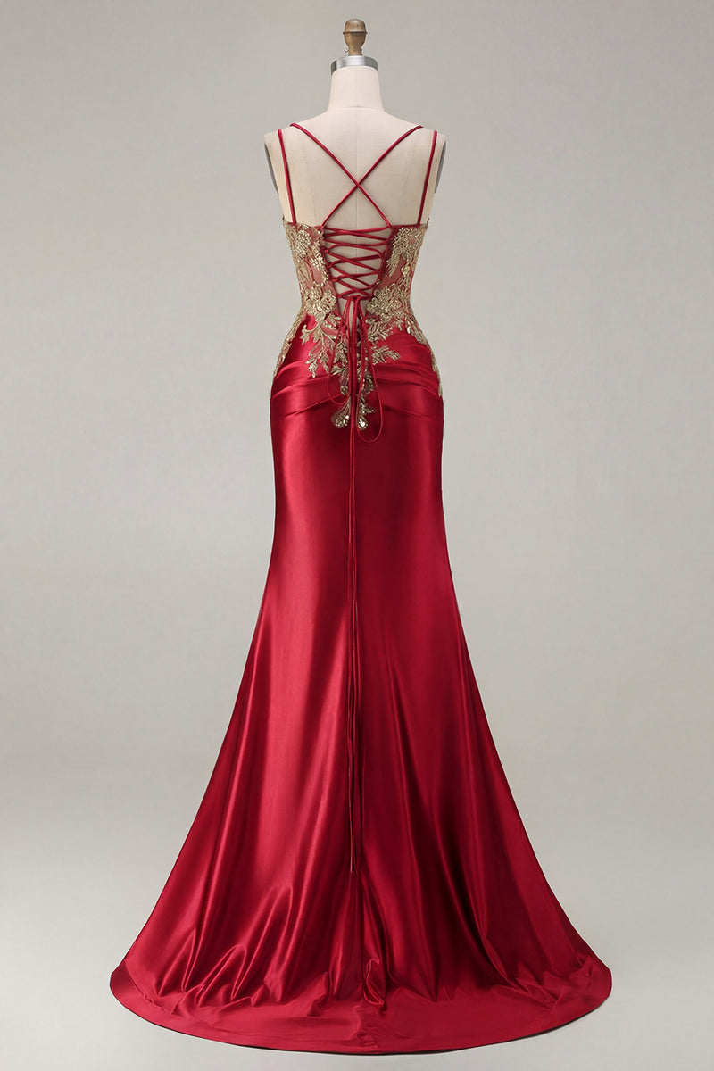 Load image into Gallery viewer, Sparkly Black Satin Floral Appliqued Long Corset Prom Dress with Slit