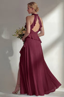 Load image into Gallery viewer, A Line High Neck Butter Yellow Ruffled Long Beach Wedding Guest Dress with Slit