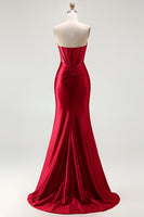 Load image into Gallery viewer, Sparkly Red Mermaid Satin Beaded Long Corset Prom Dress with Slit